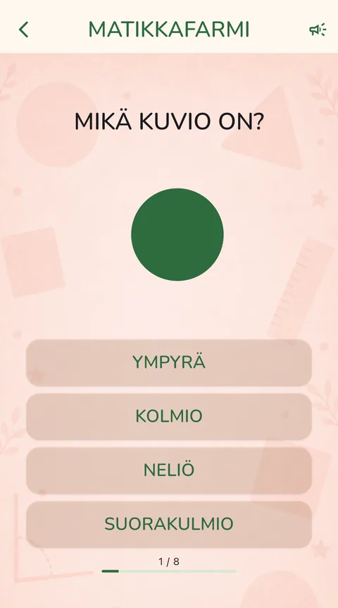 Tehtävä: Mikä kuvio on? Kuvassa vihreä ympyrä. Vastausvaihtoehdot ympyrä, kolmio, neliö ja suorakulmio.