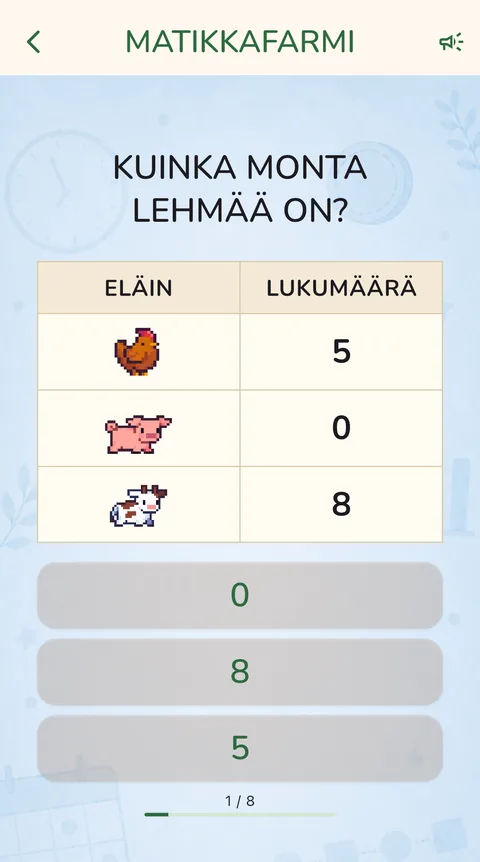 Tehtävä: Kuinka monta lehmää on? Taulukossa eläimet ja niiden lukumäärät: kana 5, sika 0, lehmä 8. Vastausvaihtoehdot 0, 8 ja 5.