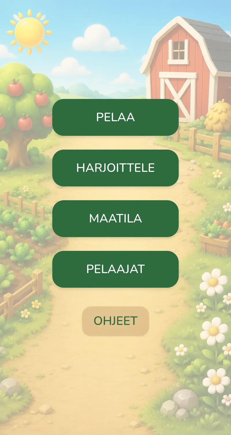 Pelin päävalikko maatilamaisemaa vasten: painikkeet Pelaa, Harjoittele, Maatila, Pelaajat ja Ohjeet.